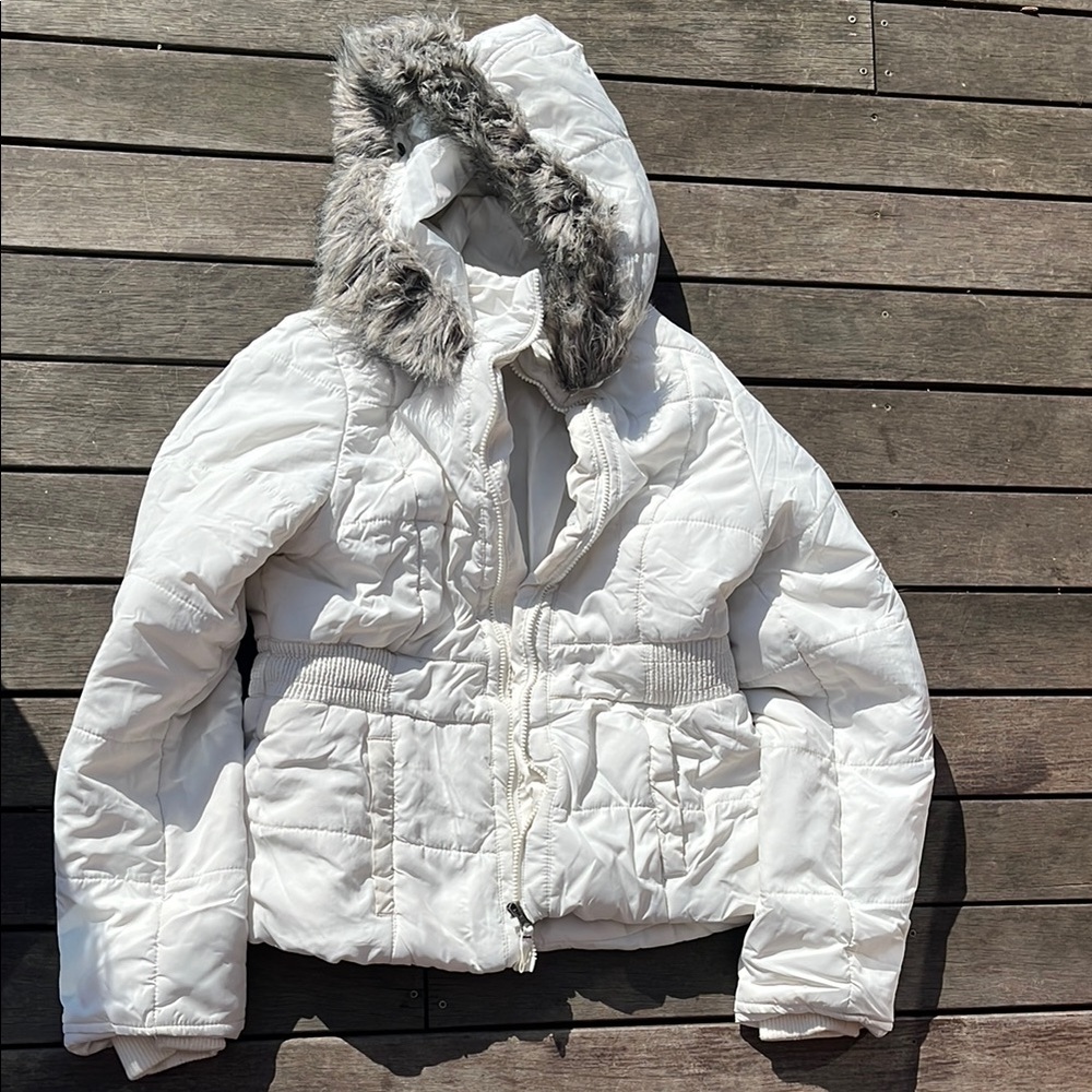 White Hooded Jacket with Faux Fur Trim